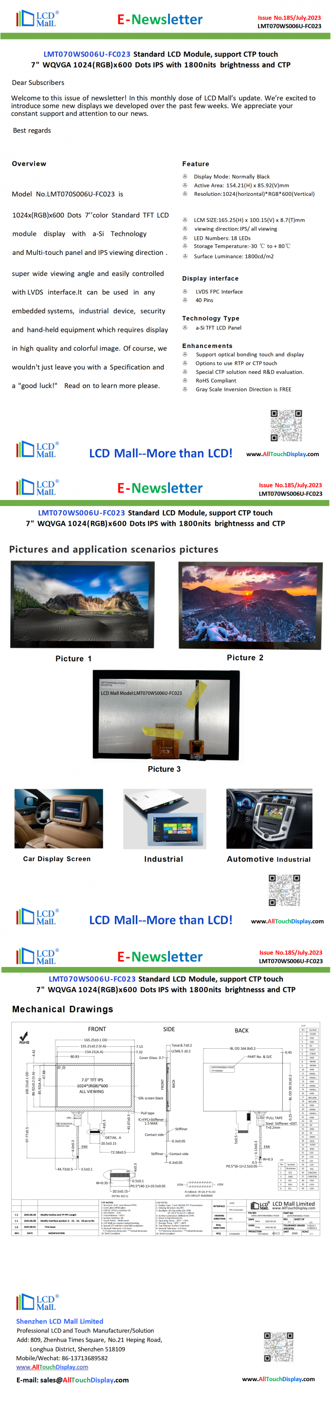 latest company news about ISSUE 185 Newsletter_7.0 inch LMT070WS006U-FC023 from LCD Mall  0