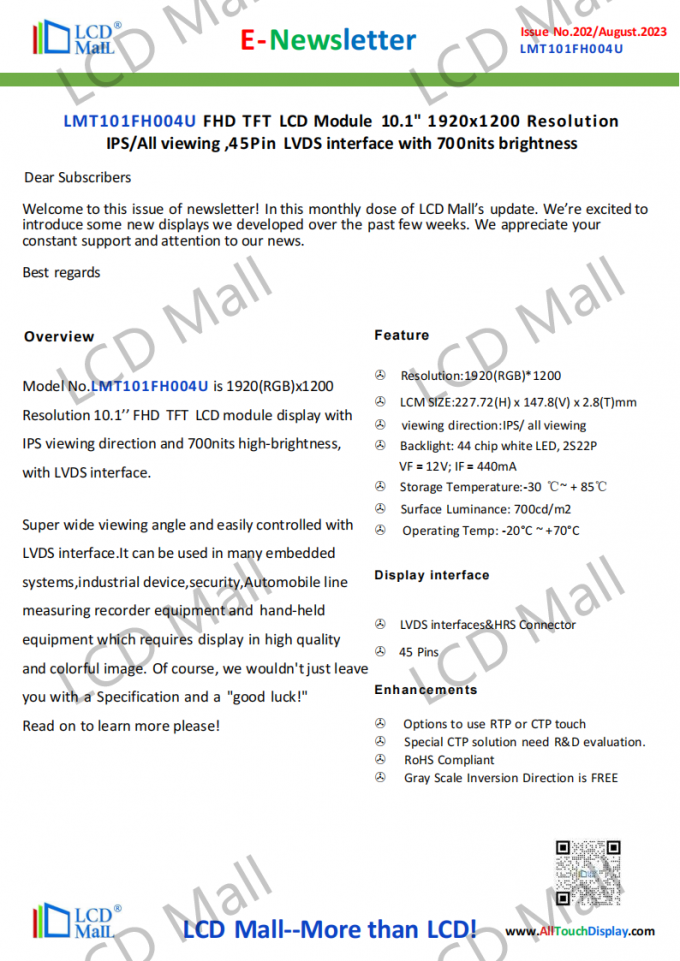 latest company news about ISSUE 202 Newsletter_10.1 inch LMT101FH004U From LCD Mall  0