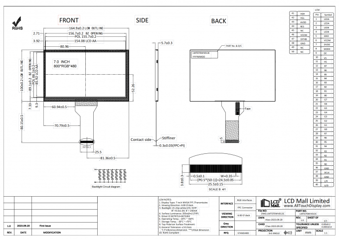 Customized Screen LCD Display 7inch 800*480 Transmissive RGB Interface 350cd 2