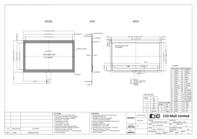 1920*1080 Resolution CTP TFT LCD Module 15.6 Inch LCD Panel 210cd 0