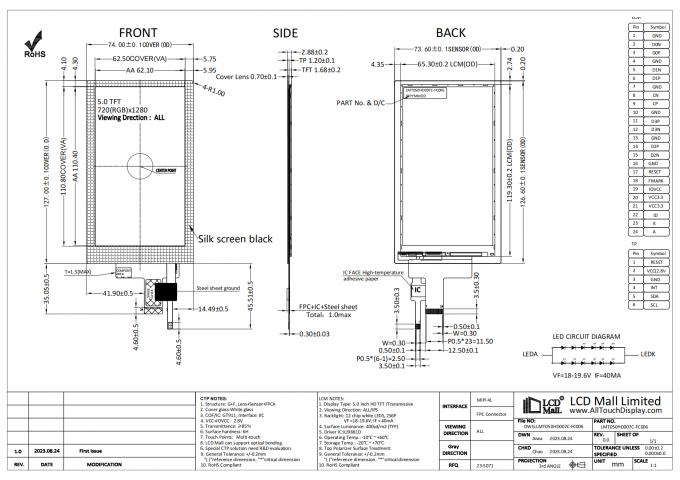 5'' Vertical Screen Medical TFT Display With MIPI 4L Interface 720X1280 Pixels 400 Nits 0