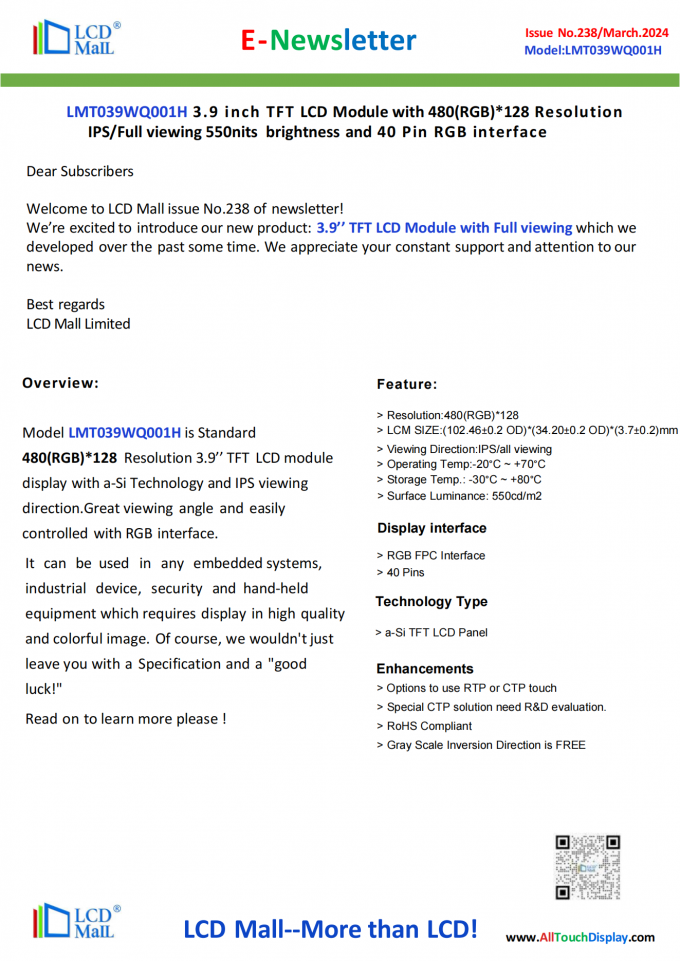 latest company news about ISSUE No.238 Newsletter_3.9 inch LMT039WQ001H From LCD Mall  0