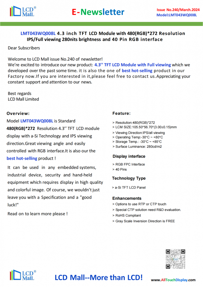 latest company news about ISSUE No.240 Newsletter_4.3 inch LMT043WQ008L From LCD Mall  0