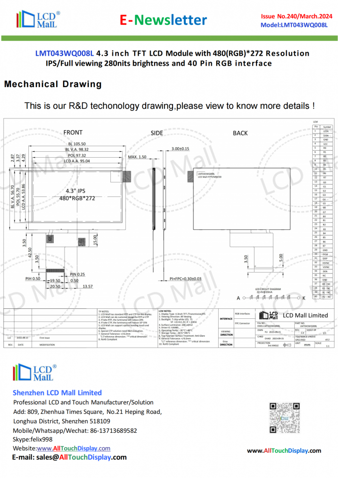 latest company news about ISSUE No.240 Newsletter_4.3 inch LMT043WQ008L From LCD Mall  3