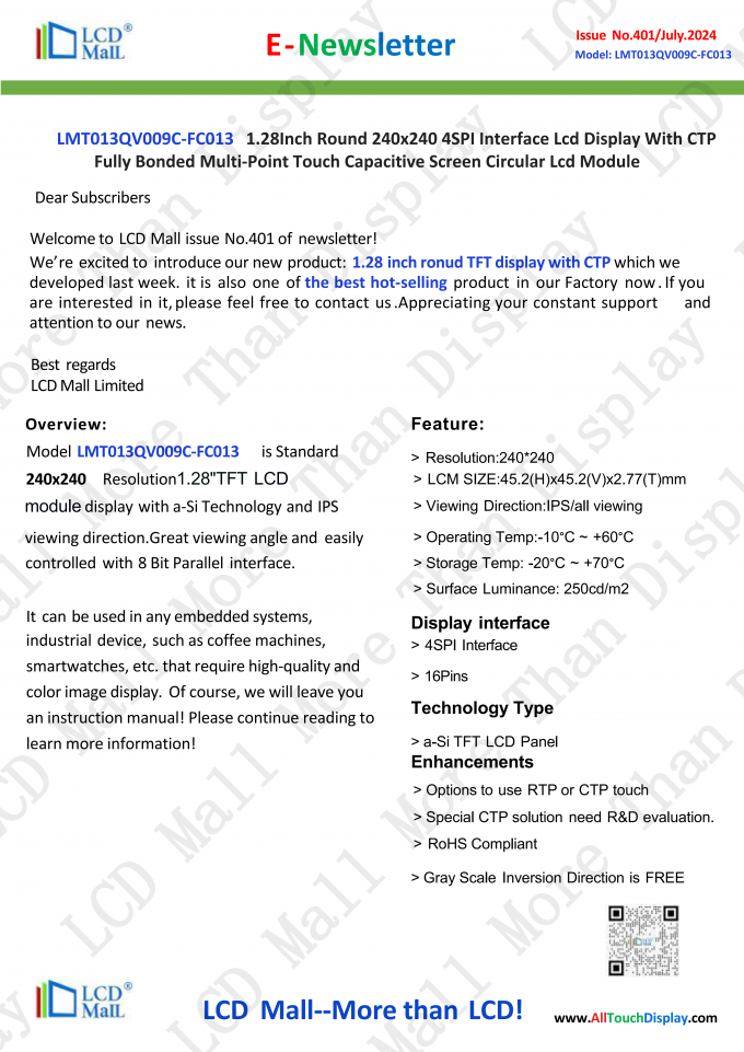 latest company news about ISSUE No.401 Newsletter 1.28 inch LT013QV009C-FC013 From LCD Mall  1