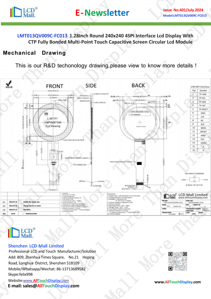 latest company news about ISSUE No.401 Newsletter 1.28 inch LT013QV009C-FC013 From LCD Mall  4