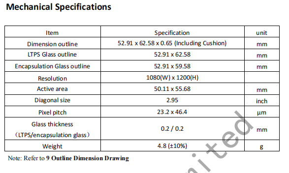 2.95'' AMOLED Display Module with 120nits Brightness and 1080RGB*1200 Pixel Resolution 1