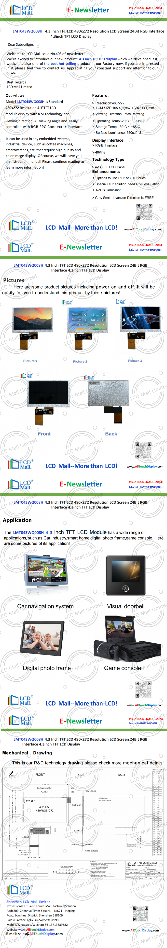 latest company news about ISSUE No.403 Newsletter_4.3 inch LMT043WQ008H From LCD Mall  0