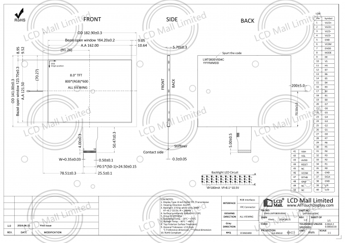 50-Pin TFT LCD Module Display Panel RFQ STANDARD for Industrial Monitoring System 0