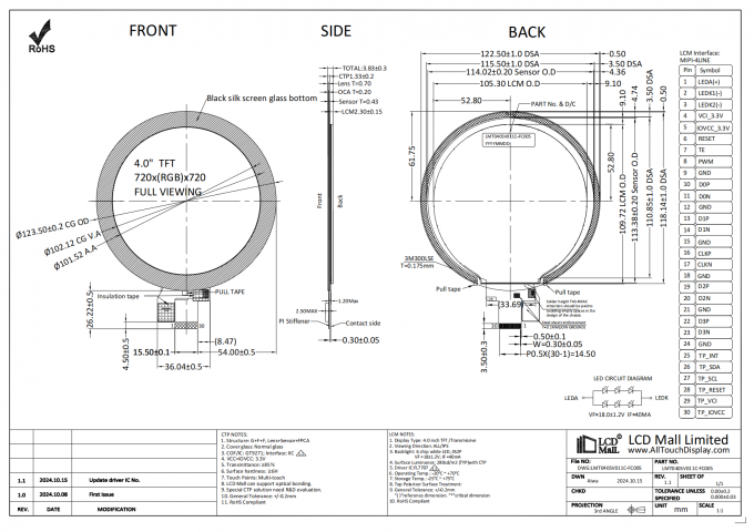 4.0" Round LCD Display with 720x720 Resolution 30 Pin MIPI Interface and Capacitive Touch Panel 0