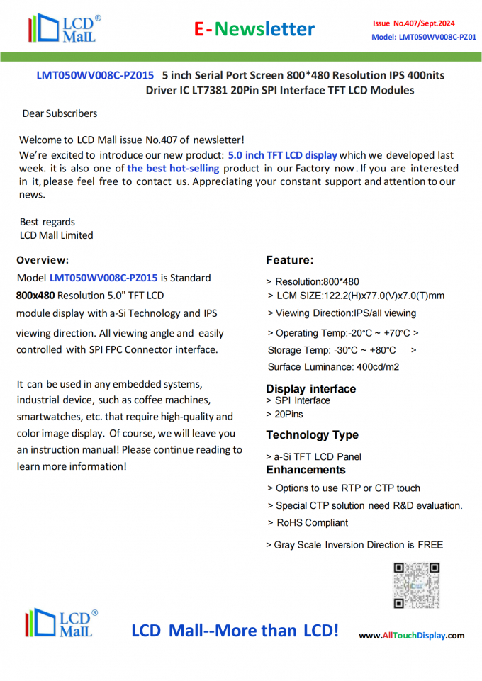 latest company news about ISSUE No.407 Newsletter_5.0 inch MT050WV008C-PZ015 From LCD Mall  0