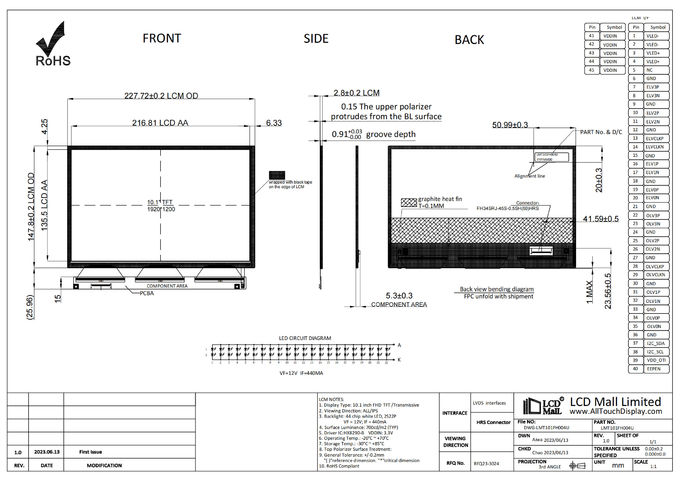 LCD Mall 1920*1200 IPS 10.1'' TFT LCD Display Module 700nits Brightness Panel Customized 3