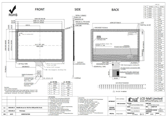 FHD 10.1 Inch Capacitive Touch Screen LCD Module IPS Viewing CTP 1920*1200 2