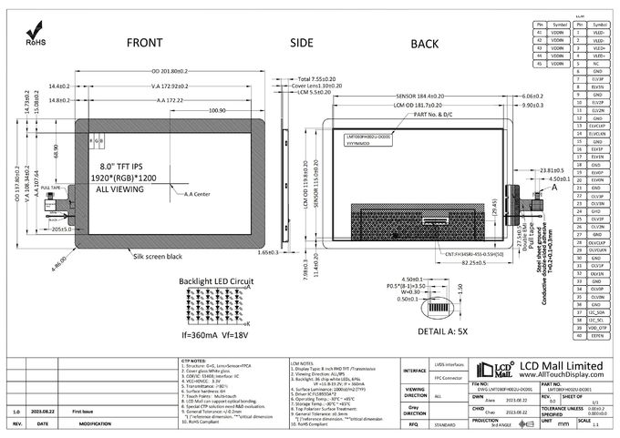 Smart 8'' FHD TFT LCD CTP Display 1920*1200 LCD Screen IPS Viewing 1000nits LVDS Interface 1
