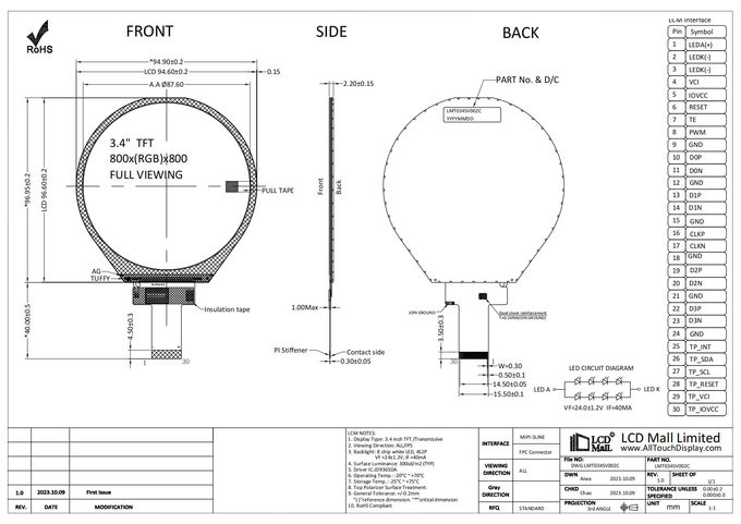 3.4 Inch 300cd/M2 TFT LCD With CTP With ALL/IPS Viewing Direction 0